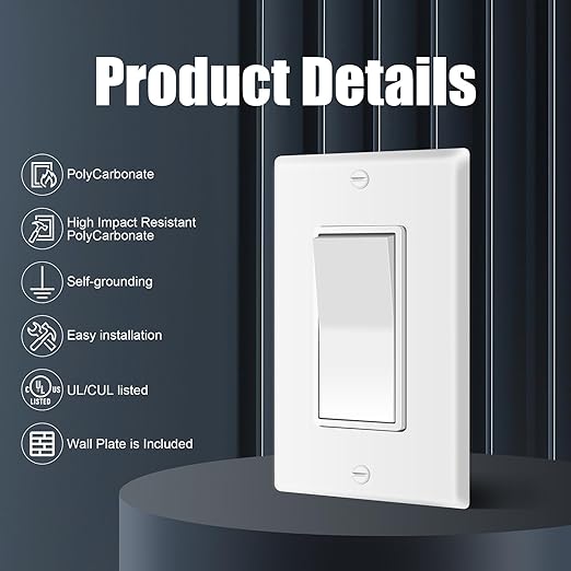 ThunderWay Single Pole Decorator Wall Light Switch with Wall Plate, 15A 120V/277V, On/Off Paddle Switch, Residential Grade - UL Listed, White (10)