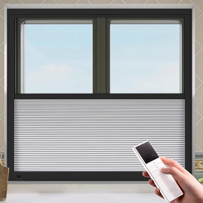 LEXEN Smart Bottom Up Honeycomb Shades WiFi Enabled Motorized Cellular Blinds Works with Alexa/Google Home Easy Install Blackout Honeycomb Blinds with Aluminum Frame Customize Size-White(Black Frame)