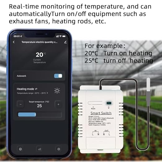 Yitouniu WiFi Smart Waterproof Temperature Controller Sensor Module, Tuya app Wireless Remote 16A Smart Switch with Energy Consumption Monitoring, Compatible with Alexa Google Home