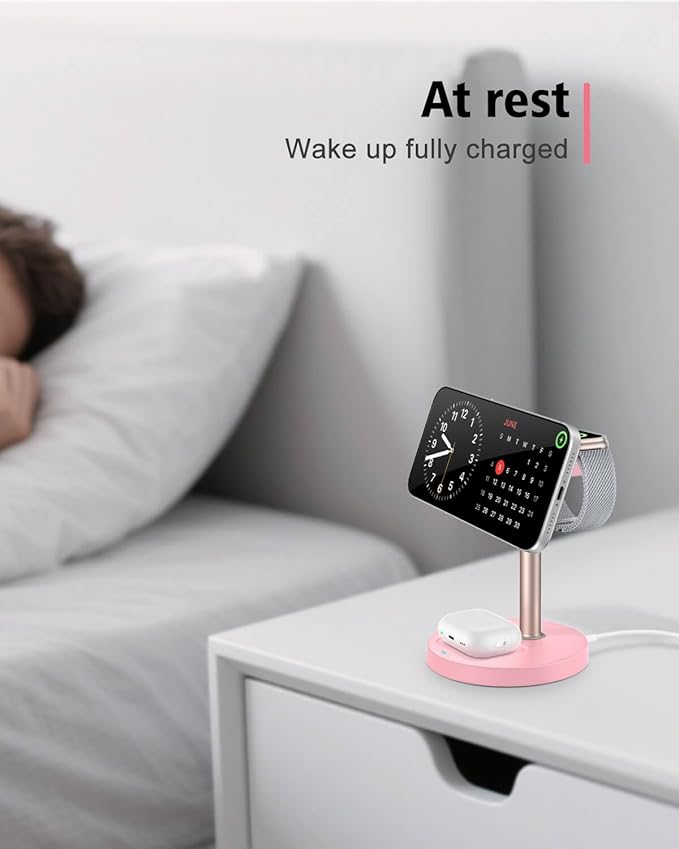 3 in 1 Wireless Charging Station for Apple, 15W Fast Magnetic Charger Stand Wireless Nightstand for Bedrooms, iPhone 17 16 15 14 13 12 Series, Apple Watch, Airpods, Women Gifts (No AC Adapter) Pink