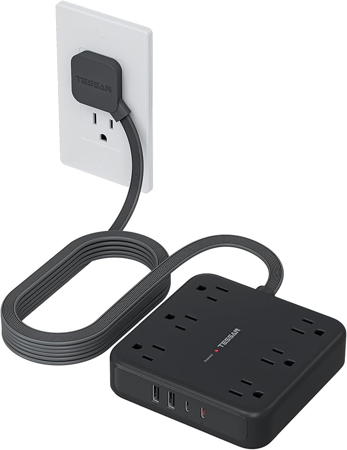 TESSAN Flat Plug Extension Cord 15 Ft, 2100J Surge Protector Power Strip with 6 Outlets and 4 USB Ports (2 USB C), PD 20W Fast Charger, Multiple Charging Station for Home Office Dorm Room, Black