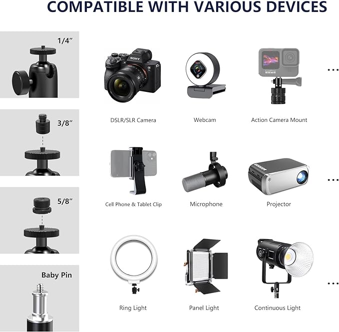【All Metal】RAUBAY Desktop Magic Arm, Overhead Camera Desk Mount, Table Light Stand with 1/4“ Ball Head, 3/8" & 5/8" Adapter, C Clamp, Retractable Boom Arm for DSLR, Webcam, Microphone, Projector DMA01