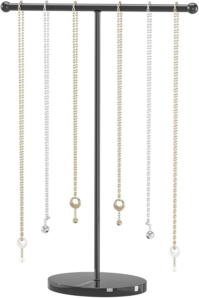 Justsoso Metal T-Bar Necklace Holder Stand, Necklace Hanging Display Stand, Tabletop Jewelry Organizer Stand for Necklace Bracelet Earring Display (Black With Solid Acrylic Base)