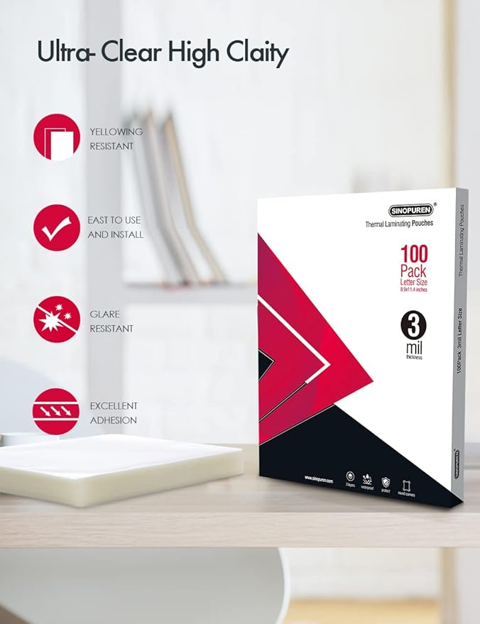 SINOPUREN Thermal Laminating Pouches, 3mil Laminating Sheets, 8.9x11.4 Inches, Letter Size, HeatSeal, Clear (100pack)