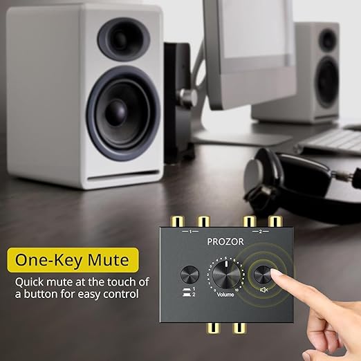 PROZOR RCA Stereo Audio Switcher - 2 in 1 Out R/L Stereo Audio Switch, 1 in 2 Out Stereo Audio Splitter with Mute Button and No External Power Required
