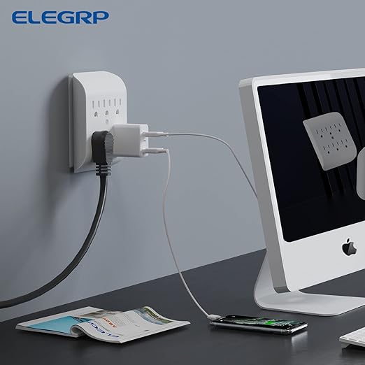 ELEGRP 6-Outlet Extender with Central Anchor, 3-Prong Grounded Wall Tab, Multiple Outlet Extender with 6 Electrical Outlets, ETL Listed, 3 Packs, White
