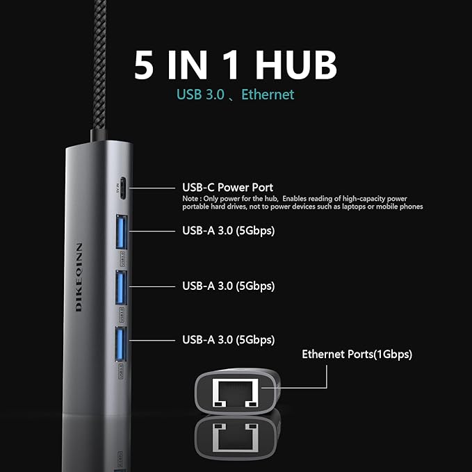DIKEQINN USB 3.0 Hub with Gigabit Ethernet, 3-Port USB-A 5Gbps + USB-C Power Port for MacBook, Dell, HP, Surface (Plug and Play) (USB-C)