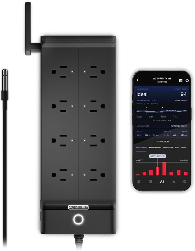 AC Infinity Outlet AI+, Environment Controller, Smart WiFi Power Strip, Dual-Zone Temperature Humidity, Individual Control 8 Plugs, AI Targeting, Thermostat Greenhouse Aquarium Terrarium Home, 1800W