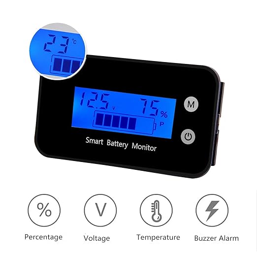 SUPNOVA Waterproof Battery Monitor12v 24v 36v 48v 60v 72v ,Car Motorcycle Golf cart Battery Meter Digital Battery Capacity Remaining Capacity Percentage Tester with Buzzer Alarm and Temperature（Bule）