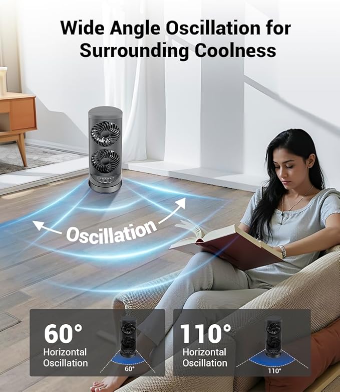 Personal Tower Fan for Bedroom, Portable Desk Table Fan，3 Speeds Cooling Standing Fan with 12H Timer, 60° & 110° Oscillating Floor Tower Fans That Blows Cold Air for Bedroom Office,Dark Grey