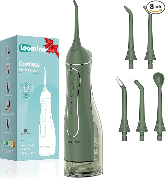 Leominor Water Dental Flosser Pick for Teeth, 300ML Portable Oral Irrigator Upgraded Tank Removable,IPX7 Waterproof, Rechargeable Travel Teeth Cleaner, Professional Electric Flossing Machine(O-Green)