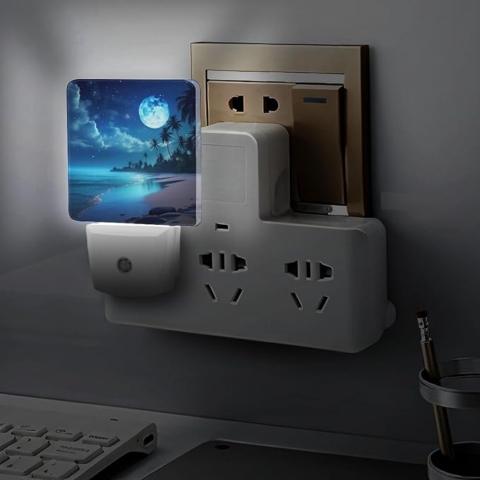 YKJAHSD Moon Beach Night Light, Plug into Wall Decor Nightlights for Bedroom, Bathroom, Hallway, Kitchen, with Dusk to Dawn Light Auto Sensors LED Night Lights for Boys Girls Women Men Room Gifts