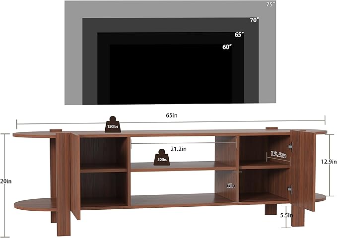 ZOSQUARE 65 Inch TV Stand for Up to 75 inch TVs, Fluted Entertainment Center with Adjustable Shelve, Curved Round Corner TV Console Table with Storage Cabinet for Living Room, Bed Room (Walnut Color)