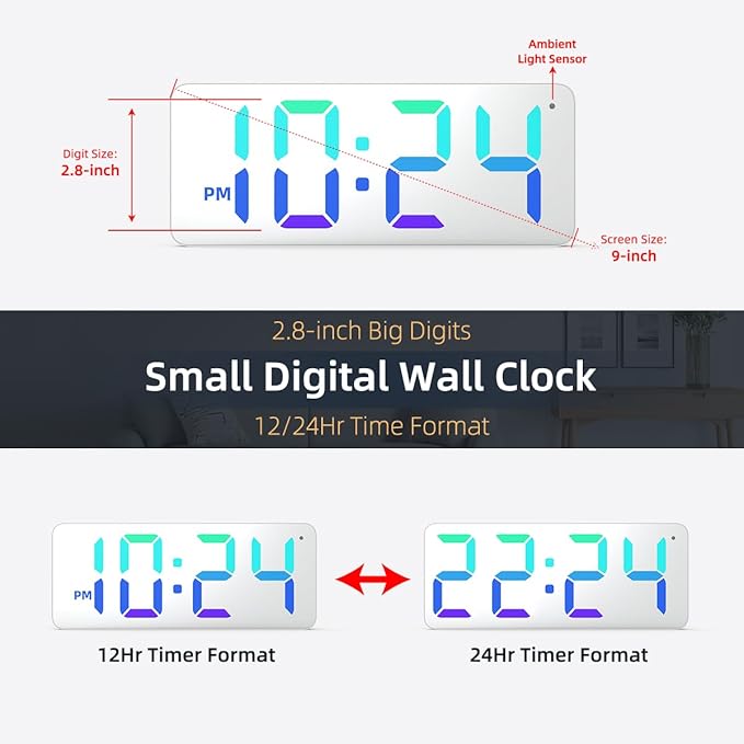 XUANZIT LED Digital Wall Clock with RGB Display, Mirror/White Surface, Big Digits, Auto-Brightness, Electric Wall Clock for Living Room, Bedroom, Kitchen, Office