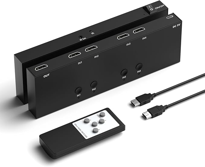 4 in 1 Out HDMI Converter with 4k@60Hz HDMI Switch & Infrared Remote Control - Ideal for Nintendo Switch/OLED/Xbox PS5/4/3 Blu-Ray Player Fire TV Stick Roku Apple TV Chromecast PC