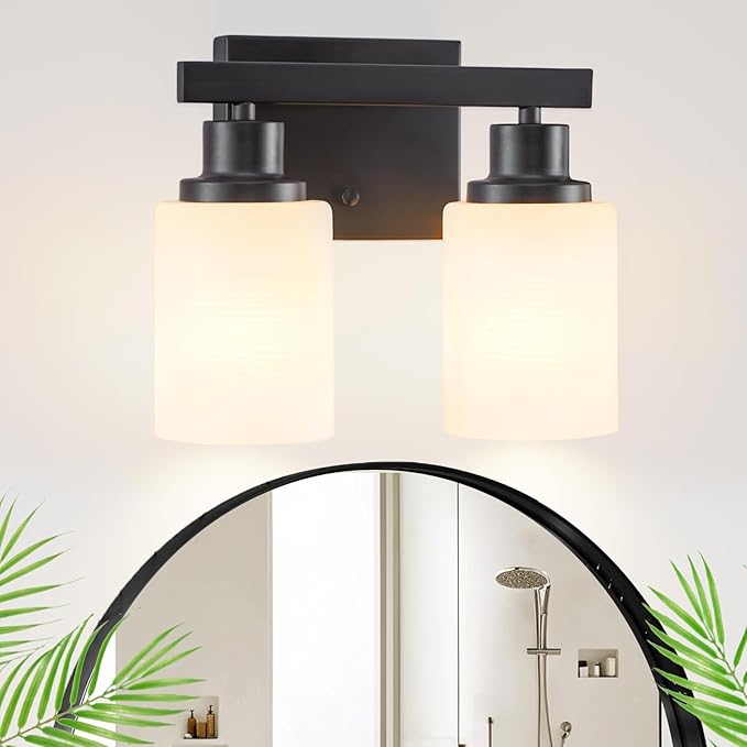 DIKAIDA Bathroom Light Fixtures Over Mirror, 2-Light Modern Matte Black Vanity Lights with White Frosted Glass Shade, Bathroom Wall Lamp Sconces for Mirror Bedroom, Living Room Hallway Small Space
