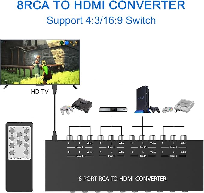 8 Port RCA to HDMI Converter 1080P/720P RCA Composite CVBS AV Switch to HDMI Converter Adapter Support 4:3/16:9 Switch, for Sega Xbox PS1 PS2 PS3 N64 NGC SNES WII VHS VCR Camera DVD(With Remote）