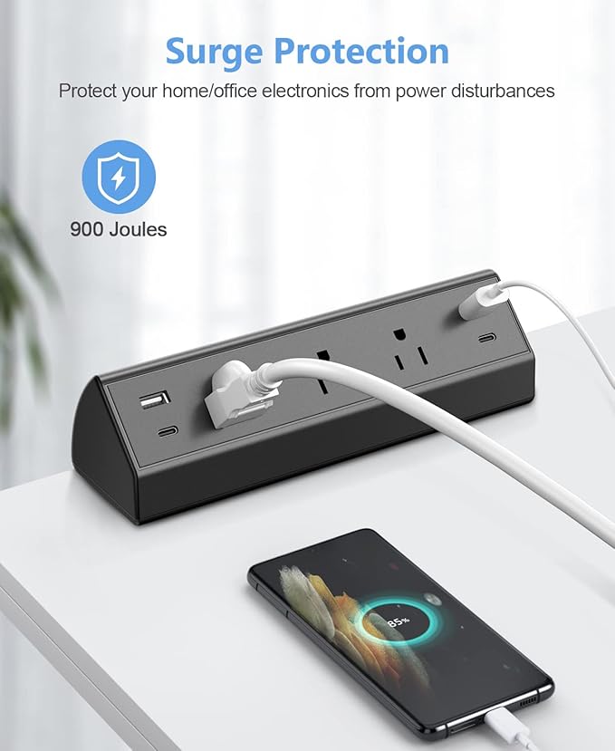 Desk Clamp Power Strip,40W Fast Charging Station,Desktop Mount Surge Protector,2 PD 20W USB C Ports,3 Outlets for Home,Office,Fit 1.9" Tabletop Edge (Black, 3 Outlets & 4 USB Ports & 20 FT Cable)
