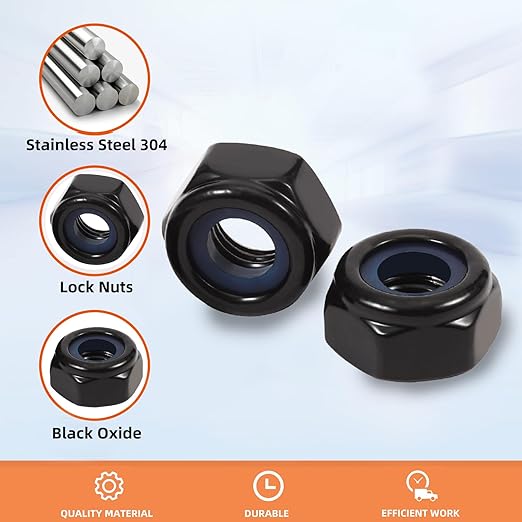 MewuDecor 1/2-13 Nylon Insert Hex Lock Nuts Locknuts, 304 Stainless Steel 18-8, Black Oxide (304), 10 PCS