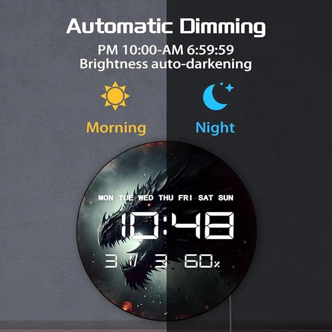 Timethink 12 Inch Evil Dragon LED Digital Wall Clock Large Display, Dark Dungeon Dragon Lamp Electric Wall Clock Automatic Dimming, 12/24hr, Temperature, Date, Plug in LED for Man Cave Gothic Decor