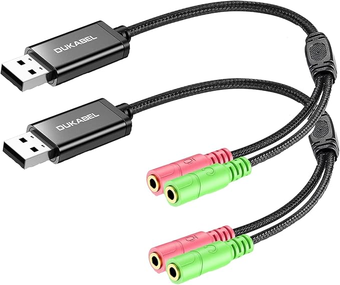 DuKabel USB to 3.5mm Jack TRS AUX Adapter for Built-in Chip Sound Card for Headset with Separate Plug TRS 3 Pole Microphones [Metal Housing & Durable Braided / 9.8inch]