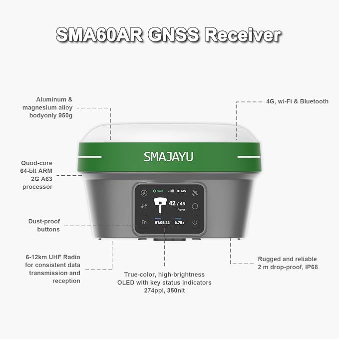 SMA60 AR Visual Photogrammetry RTK GNSS Survey System | Dual Cameras for AR Stakeout & Image Measurement, OLED Display, 60° Tilt, IP68, 4G UHF WiFi Bluetooth, High Precision Land Survey Equipment