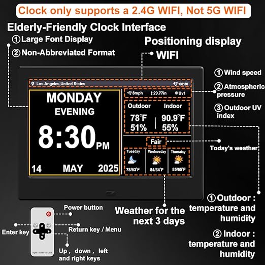 FEYBYLA 2025 New Digital Clock with Temperature/Humidity & Weather Forecast, Auto Time Sync Large Display, Custom Alarms & Medication Reminders, Ideal for Elderly(Black, 7-Inch)