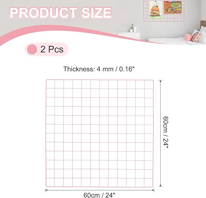 PATIKIL 24"x24" Wire Grid Panel, 2 Pack Board Photo Pictures Memo Display Grid Panels Hanging Organizer Wall Decorative Panel for Home Office Wedding, Pink