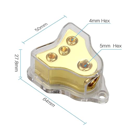 RKURCK 3 Way Copper Power Distribution Block, 0/2/4 AWG Gauge in, 4/8/10 Gauge Out, Car Audio Stereo Amp Distribution Connecting Block for Audio Splitter (1x0GA+3x4GA Copper)