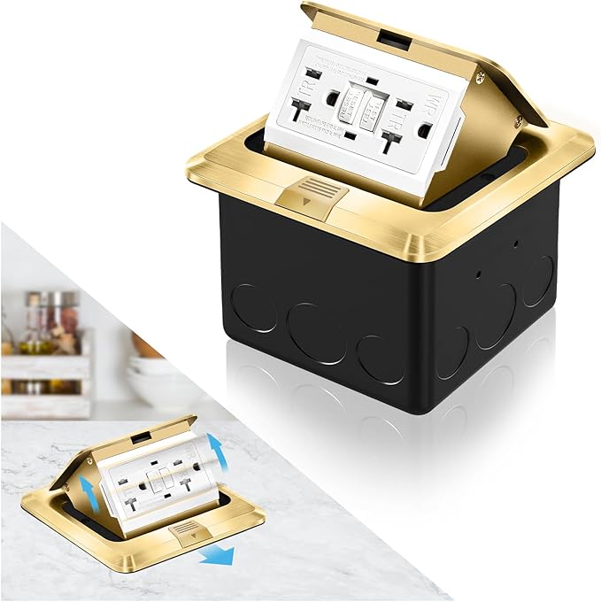 Vagueior Pop-Up Floor Box Kit, 20A Tamper-Weather Resistant Receptacle GFCI Outlet, Corrosive Resistant Hardware, ETL Certified,Gold(1 Pack)