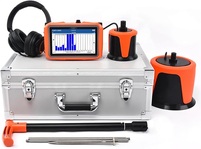 PQWT L6000 Acoustic Water Leak Detector for Outside Ground and Wall Water Pipeline Leakage Detection Kit Multi Sensor Professional Noise Reduction Headphone Smart Touchscreen Aluminum Carry Case