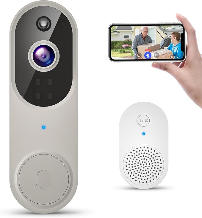 GridTera 1080p Wireless Video Doorbell Camera, AI Human Detection, Live View, Night Vision, Cloud Storage, 2.4G WiFi, Battery Powered, Indoor Outdoor Surveillance (Doorbell Receiver Included (Linen))