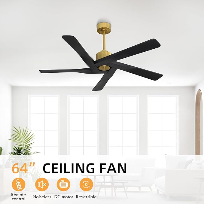 WINGBO 64" ABS DC Ceiling Fan No Light, 5 Blade ABS Plastic Ceiling Fan with Remote, 6-Speed Reversible DC Motor, Ceiling Fans without Light for Kitchen Bedroom Living Room, Brass and Matte Black