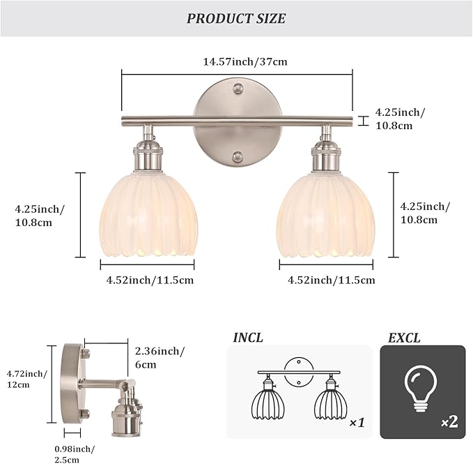 Shenmoyl Bathroom Light Fixtures, 2-Light Vanity Wall Light Over Mirror with White Tulip Glass Shade for Bedroom Living Room (Bulb Not Included), Satin Nickel