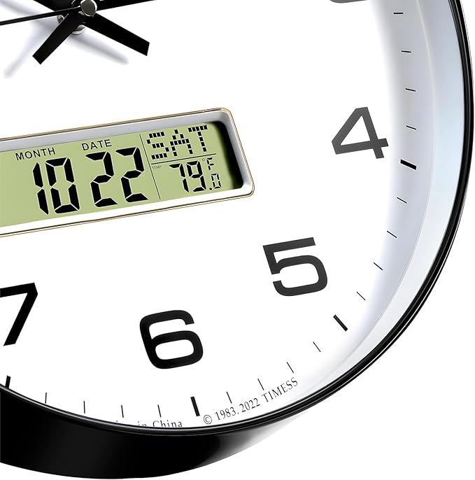 TIMESS Wall Clock, 12" Dial Non-Ticking Silent Battery Operated Analog with LCD Display for Perpetual Calendar and F° Temperature, Ideal Modern Home, Bedroom, Kitchen, Office Decor (Black)