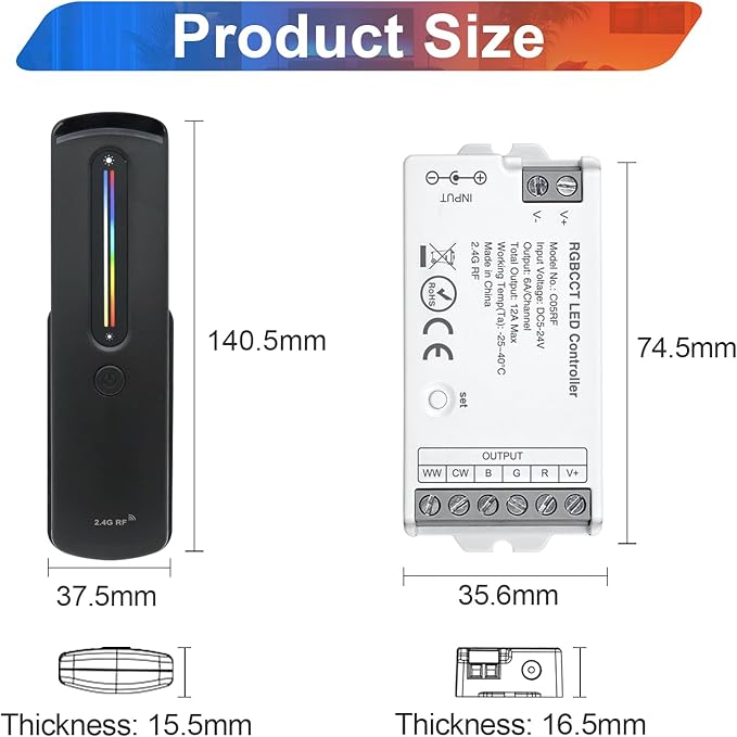 2.4GHz RF RGBCCT LED Strip Controller Remote Kit, Wireless Remote & Tuya Controller Dimmer with Group Control Adjust Brightness/Color Touch Slide for PWM 6Pin COB LED Strip Light DC5V DC12V DC24V