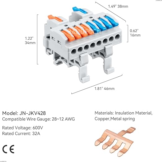 JANDECCN 6pcs DIN Rail Terminal Blocks, DIY Splicing Wire Connectors for Circuit Inline 28-12AWG (2 in 8 Out)