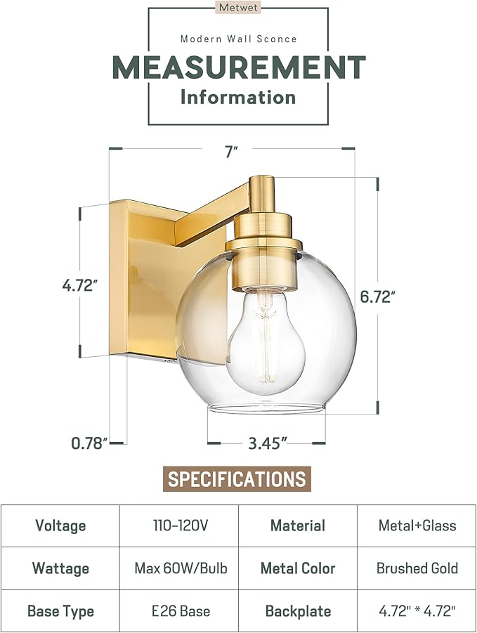 METWET Wall Sconces Set of 2, 1-Light Brushed Gold Sconces Wall Lighting with Globe Clear Glass Shade, Modern Bathroom Vanity Light Fixtures for Mirror Bedroom Living Room, VL195-BG-CL-1-2PK