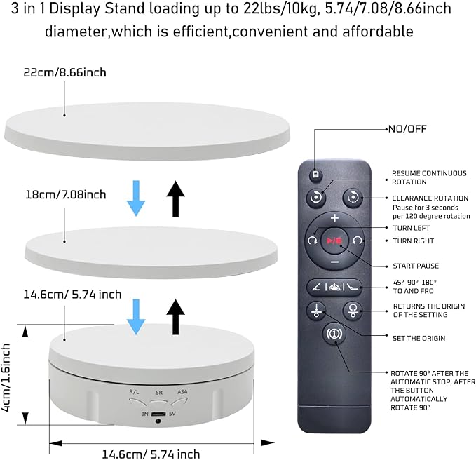 JAYEGT 3in 1 Motorized Rotating Display Stand with 5.74/7.08/8.66 inch Replacement Cover，Max 22lbs Load, 360 Electronic Turntable for Photography Products (3 in1 / White/with Remote Controller)
