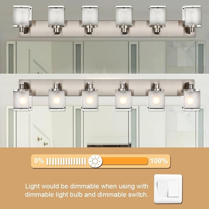 WINSHEN 6-Lights Bathroom Vantiy Light Over Mirror, Modern Black Vanity Lighting Fixtures with Rectangular Frosted Glass Shades for Bath Kitchen Wall Mounted, E26 Bulb Base
