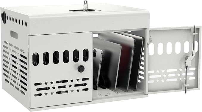 12-Device Charging Cabinet -Lockable Charging Station for iPad, Chromebook,Laptop&Tablet- American Style Charging Cabinet with Cord Management Ideal for Classrooms & Offices (Grayish White)