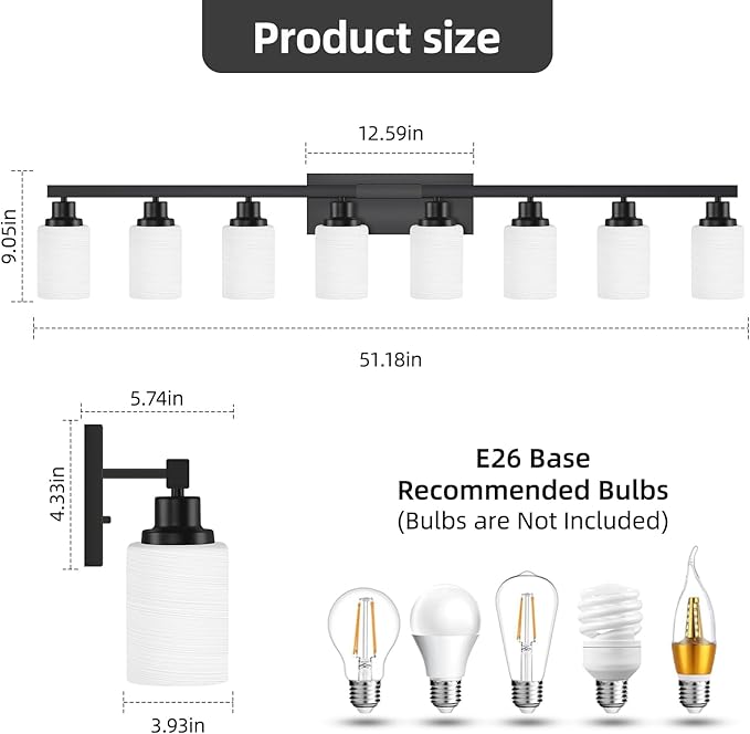 DIKAIDA 8-Light Bathroom Light Fixtures Over Mirror, 52inch Modern Matte Black Vanity Lights with White Frosted Glass Shade, Bathroom Wall Lamp Sconces for Mirror Bedroom, Living Room Hallway