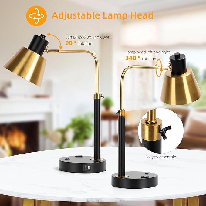 Starstrips Desk Lamp with Dual USB Charging Port, Heavy Duty Metal Task Light, 340 Degree Swivel Arms, Easy Assembly with Cord Guide, Reading Lamp for Home Office, Black & Gold (Bulb Not Included)