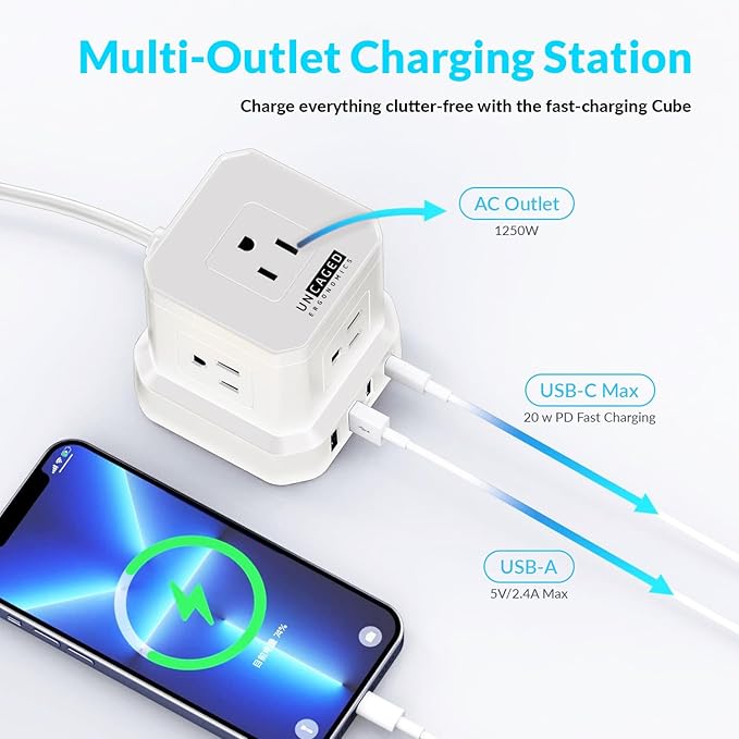 Uncaged Ergonomics Cube Power Strips w/Surge Protection, 10ft Extension Cord with Multiple Outlets, 5 AC Plugs, 3 USB (1C Port) Fast Charging Power Strip with USB Port, On/Off Switch Charging Station