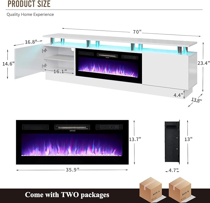 oneinmil Fireplace TV Stand with 36" Electric Fireplace,LED Light Entertainment Center,2 Tier TV Console Stand for TVs Up to 80",Fireplace for The Living Room TV Stand,White