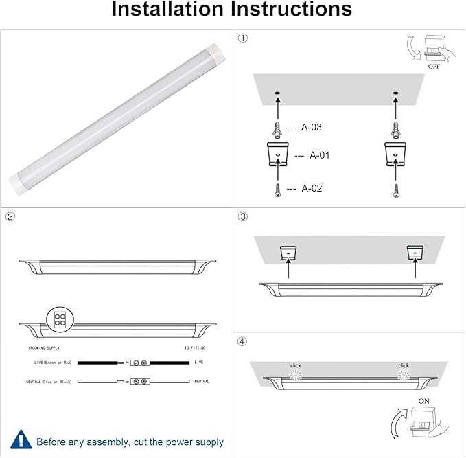 colmeguna 1 Packs 4FT LED Batten Light, Ultra-Thin Ceiling Surface Mounted Light, 40W, 4000K, IP20, LED Ceiling Lamp for Garage, Shop, Hallway, Office, Market, ver.2
