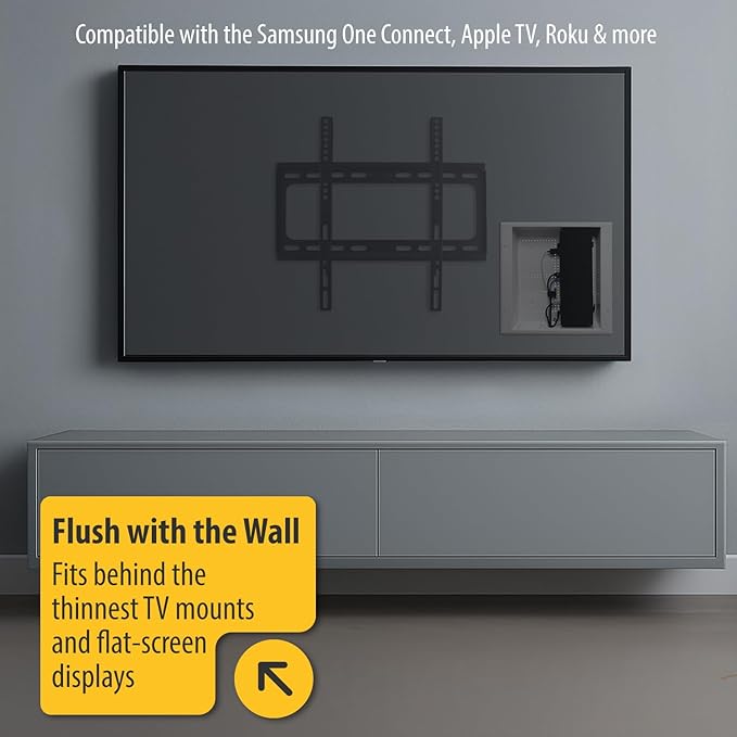 DataComm Electronics 45-8011-1P Multi-Functional Recessed Media Box with Integrated Duplex Power Receptacle For Seamless Home & Office Connectivity Solutions, In Wall Box, Hides TV Outlet & Cables