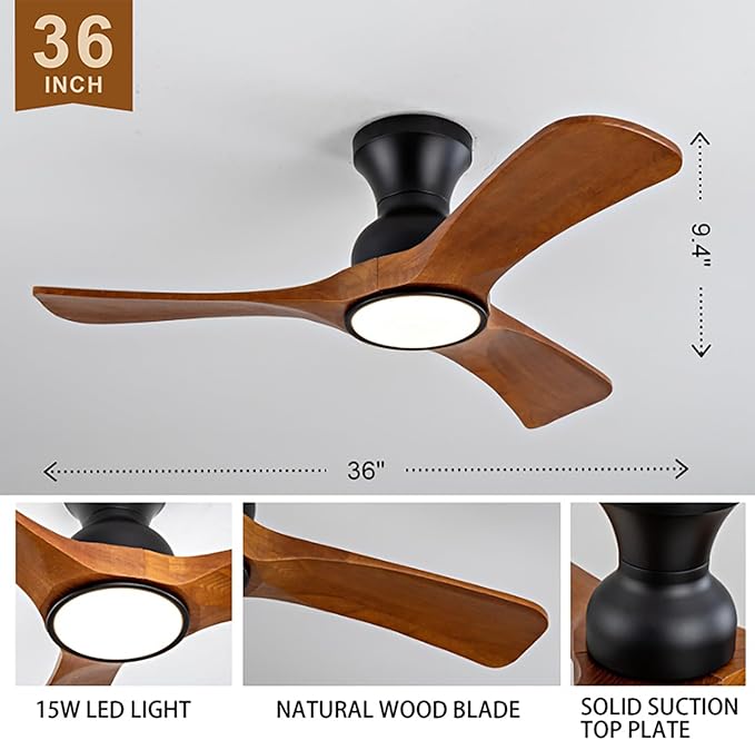 Gaizw Ceiling Fans with Lights, 36 Inch Ceiling Fan of Modern Low Profile, Flush Mount Fans, 3CCT, Noiseless, 3 Blades Solid Wood,Walnut Fan Light for Kid's Rooms, Bedroom, Living Room and Garage