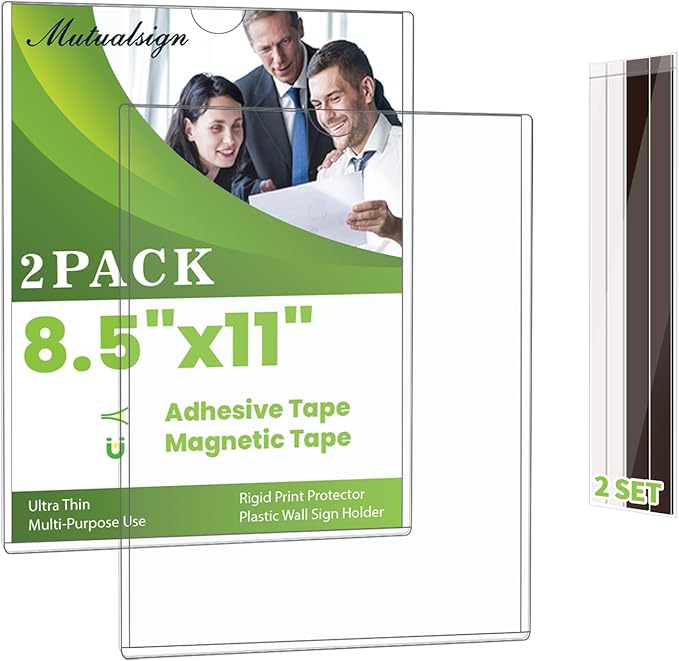 Mutualsign 2 Pcs Wall Sign Holder 8.5"x11" Magnetic Sign Holder, Rigid Print Protectors with Magnet Strips and Adhesive Strips, Wall Mount Plastic Paper Holder for Office Store Home Window Display (Clear)