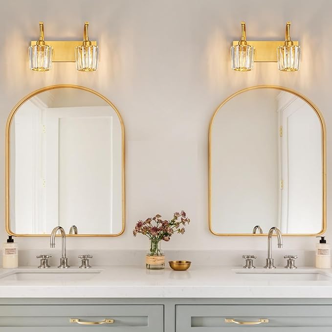 FDPBY Modern Bathroom Vanity Light, 2-Light Gold Wall Sconce with Crystal Accents, Over Mirror Bathroom Lighting Fixture, 13.77" Long Dimmable Vanity Lamp for Makeup, Easy Installation